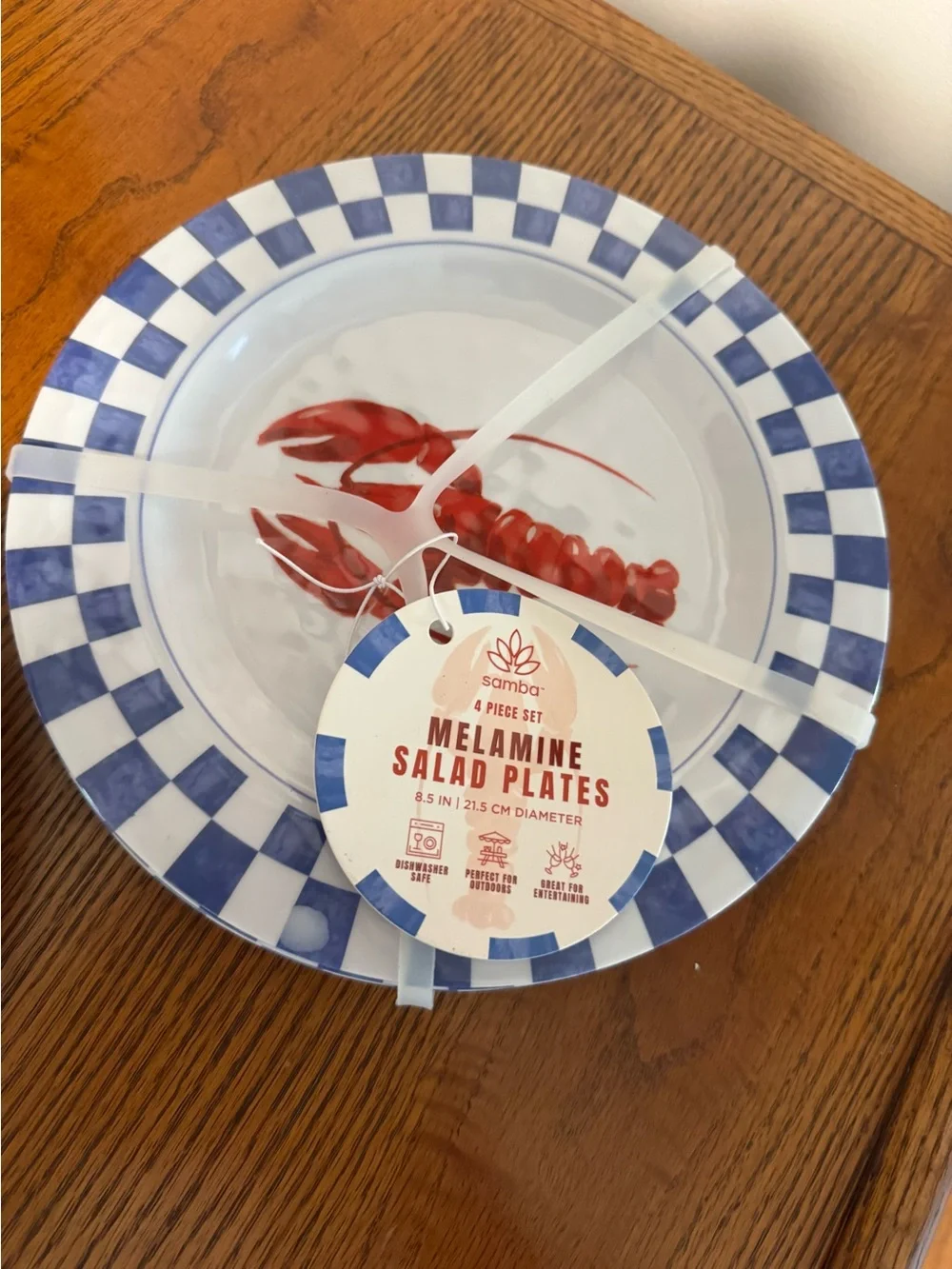 SAMBA MELAMINE BLUE CHECK LOBSTER SIDE SALAD 8 PLATES NEW